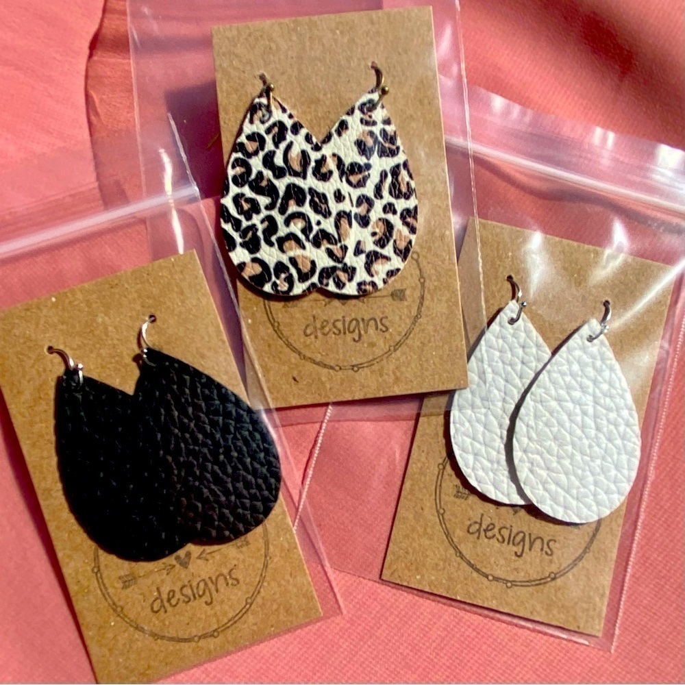 3 Pairs Faux Leather Teardrop Earrings Handmade Lightweight Black‎ White Leopard